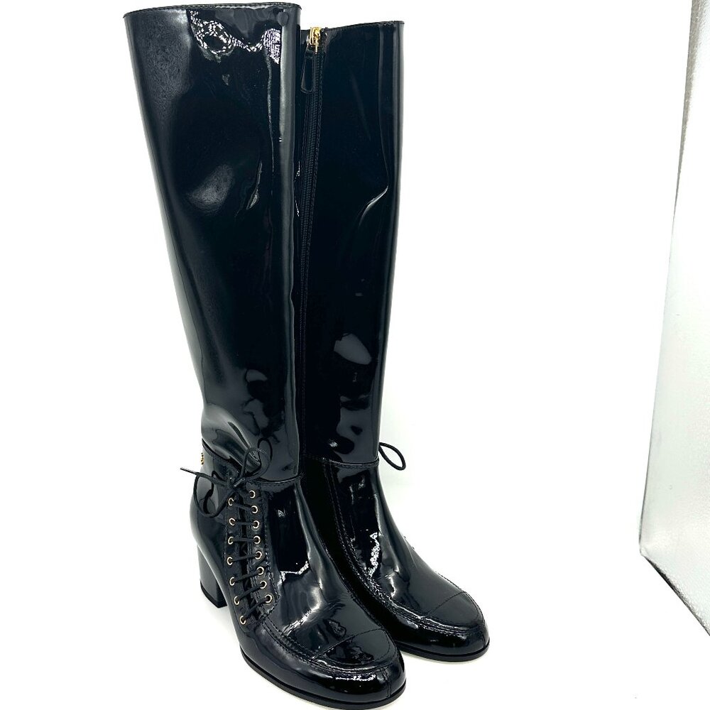 CHANEL 15A Patent Calf Leather Knee High Tall Lace Up Boots Shoes - Picture 6 of 16
